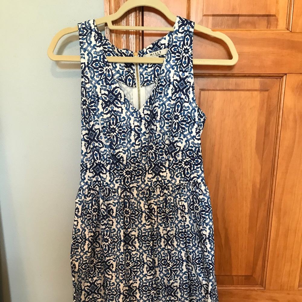 Milly V-Neck Blue Patterned Dress
